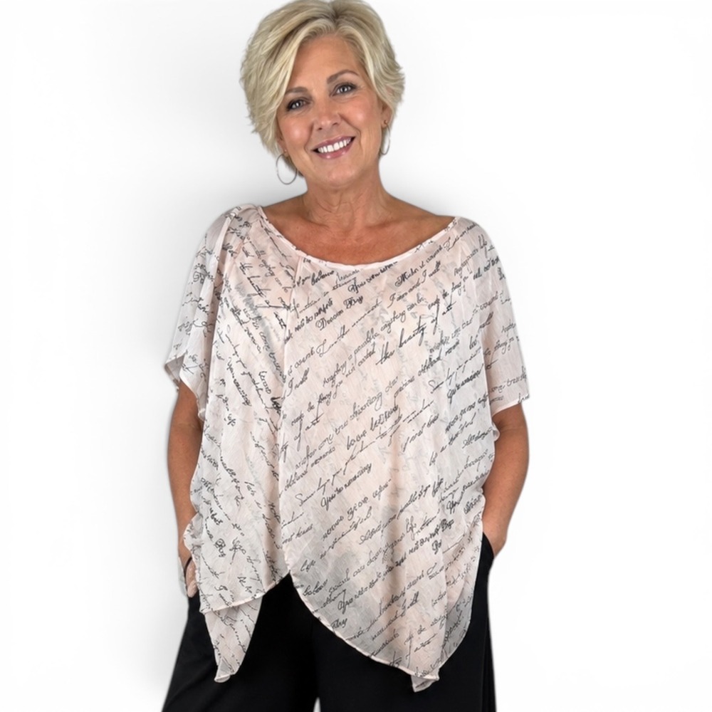 Roz & Ali Pink‎ Script Print Layered Blouse Womens 2X Short Sleeve 4064-72